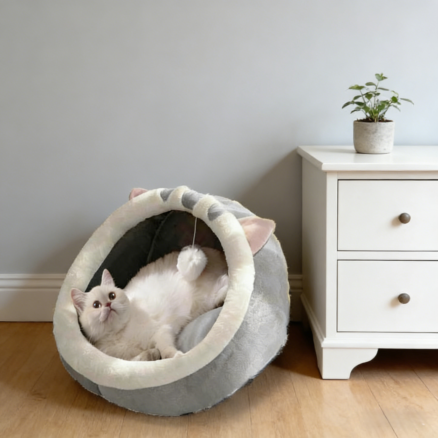 Cat-Shaped Enclosed Pet Bed with Built-in Play Toy