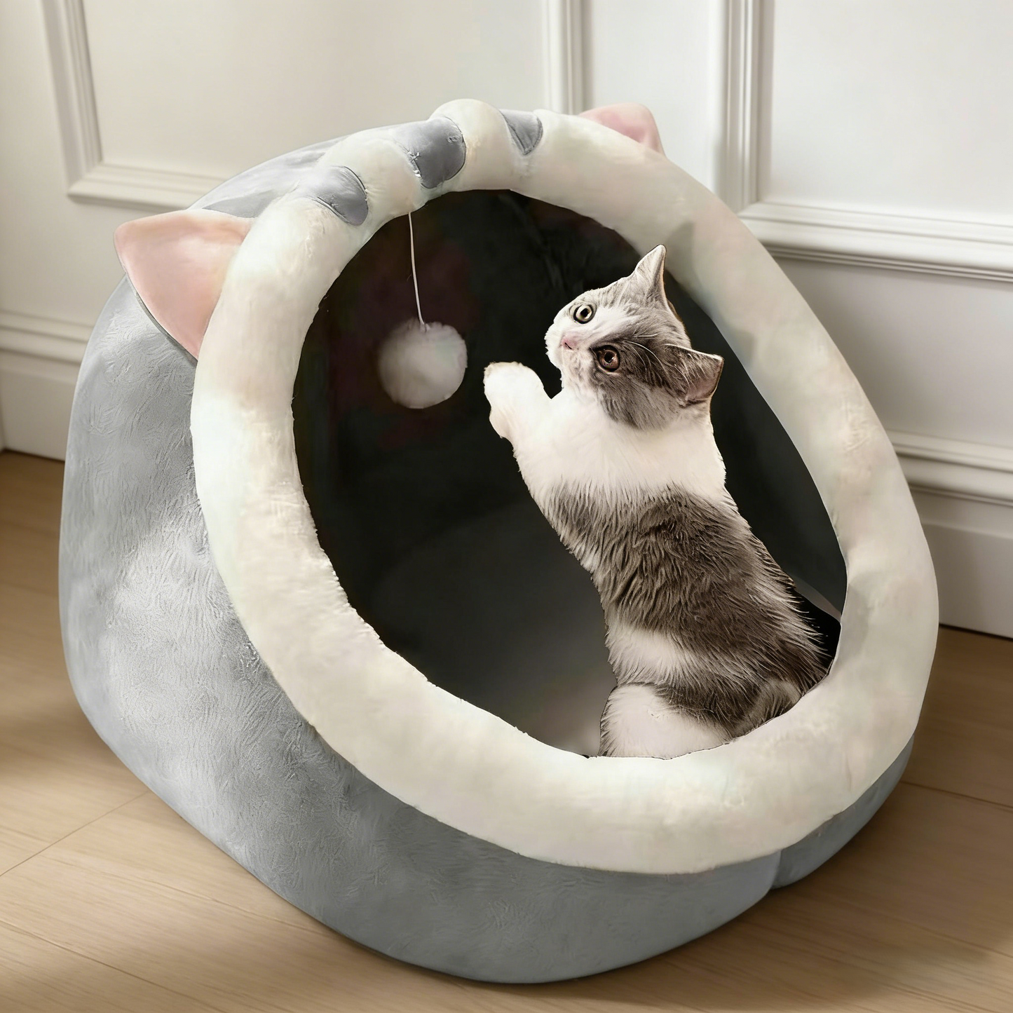 Cat-Shaped Enclosed Pet Bed with Built-in Play Toy