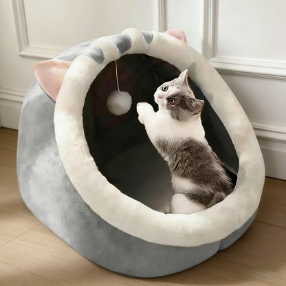 Cat-Shaped Enclosed Pet Bed with Built-in Play Toy