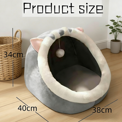 Cat-Shaped Enclosed Pet Bed with Built-in Play Toy