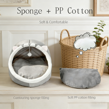 Cat-Shaped Enclosed Pet Bed with Built-in Play Toy