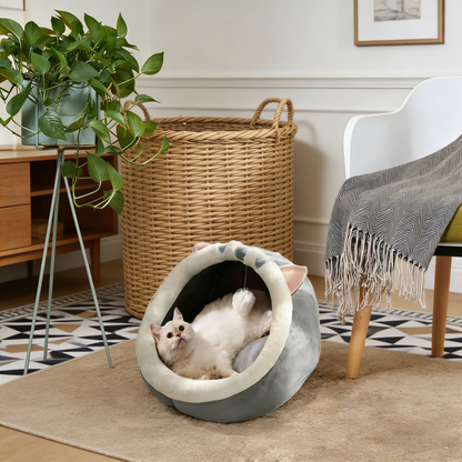 Cat-Shaped Enclosed Pet Bed with Built-in Play Toy