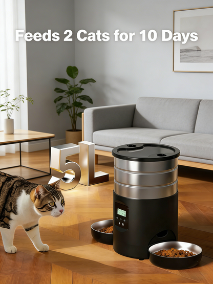 Dual-Bowl Automatic Pet Feeder (5L Capacity) for Multi-Pet Households