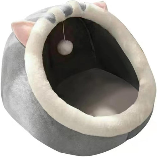 Cat-Shaped Enclosed Pet Bed with Built-in Play Toy